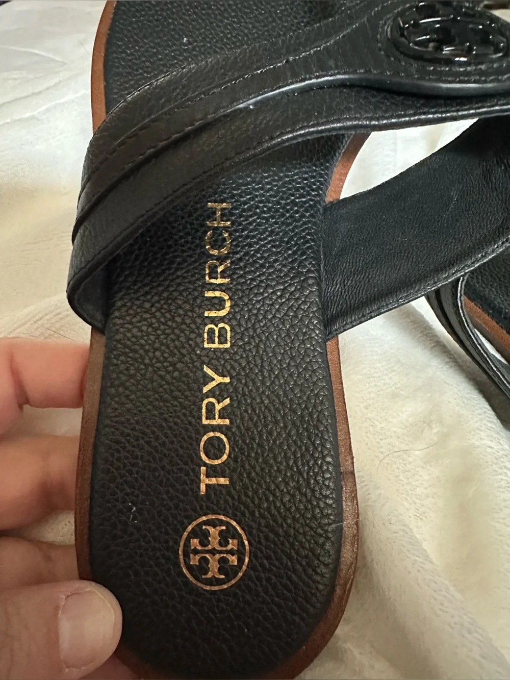 Tory Burch Carson Black Leather Thong Welt Sandals - Size 9